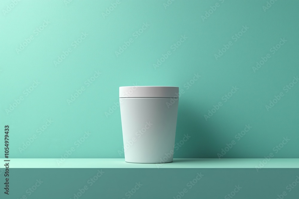 Minimalist white cup placed on a mint-green shelf against a textured background Minimalist white cup placed on a mint-green shelf against a textured background