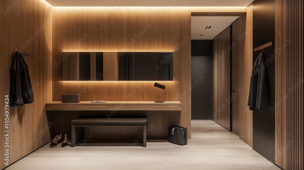 A modern entrance hallway with a cozy wooden tone, featuring a sleek desk, a stylish stand A modern entrance hallway with a cozy wooden tone, featuring a sleek desk, a stylish stand