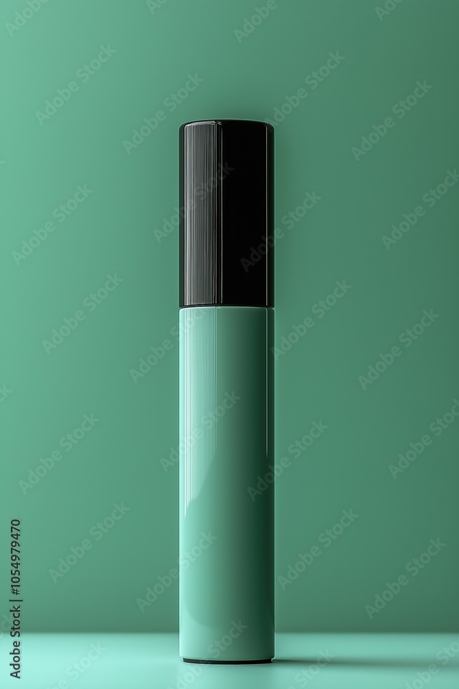 A modern turquoise bottle with a black cap placed on a matching green surface in bright lighting A modern turquoise bottle with a black cap placed on a matching green surface in bright lighting