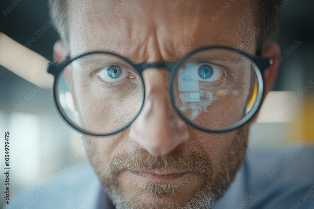 A focused man with glasses examining a computer screen in a modern office setting during a workday A focused man with glasses examining a computer screen in a modern office setting during a workday