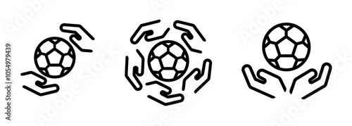 soccer hand with ball icon set illustration line outline stroke symbol of football team tournament collaboration league