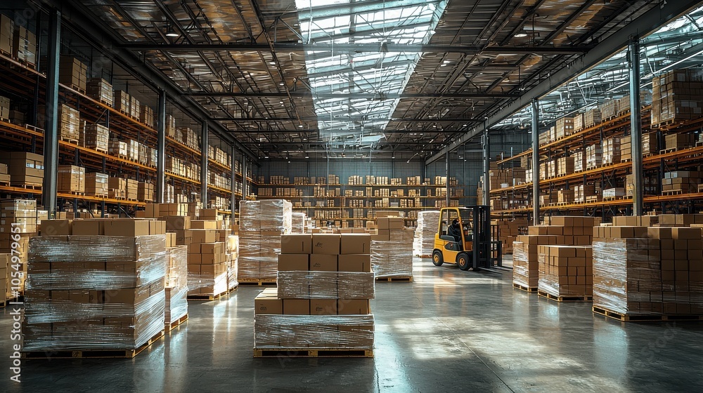 Brightly lit warehouse filled with stacked boxes and a forklift moving through the aisles in the afternoon Brightly lit warehouse filled with stacked boxes and a forklift moving through the aisles in the afternoon