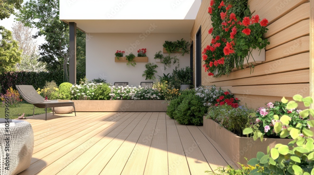 A modern light-wood terrace, with vibrant green plants and colorful flowers decorating the side A modern light-wood terrace, with vibrant green plants and colorful flowers decorating the side