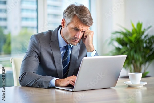 A man in a suit is typing on a laptop in front of a potted plant