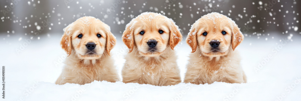 Serene Winter Scene with Adorable Golden Retriever Puppies Serene Winter Scene with Adorable Golden Retriever Puppies