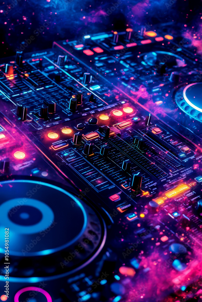 Vibrant dj decks at night with neon lights and smoke for music events and parties. International DJ Day. World Music Day. International Reggae Day. Flat illustration. Vertical banner Vibrant dj decks at night with neon lights and smoke for music events and parties. International DJ Day. World Music Day. International Reggae Day. Flat illustration. Vertical banner
