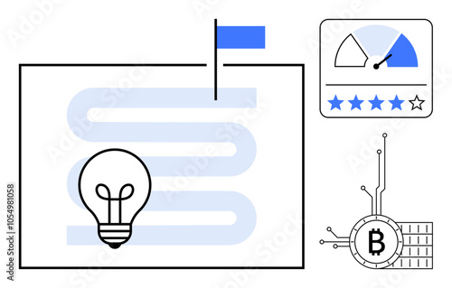 A lightbulb icon is on a winding path leading to a flag, a rating meter with five stars, and a Bitcoin symbol interconnected with circuitry. Ideal for innovation, technology, progress