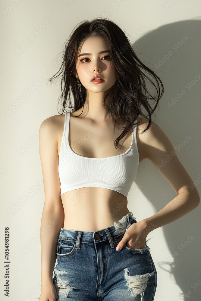 Model wearing jeans and white crop top Model wearing jeans and white crop top