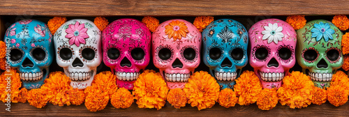 Colorful Skulls on Wooden Shelf with Marigold Flowers