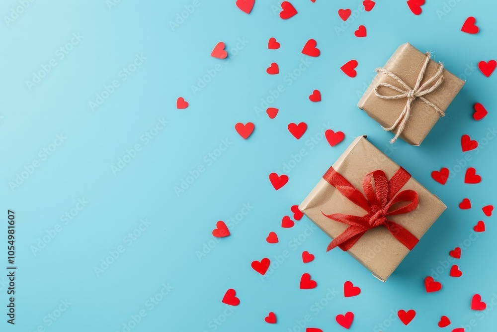 Valentine's Day Gifts with Red Hearts on Blue Background Valentine's Day Gifts with Red Hearts on Blue Background