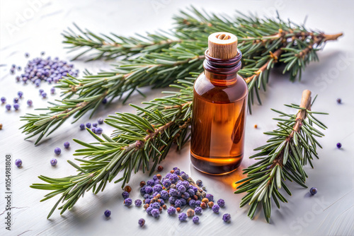 Essential oil bottle with juniper berries and pine branches on white background