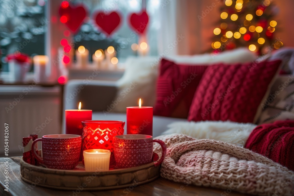 Cozy Christmas Interior with Red Candles and Pillows Cozy Christmas Interior with Red Candles and Pillows