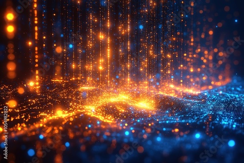 Abstract digital background with glowing blue and orange particles.