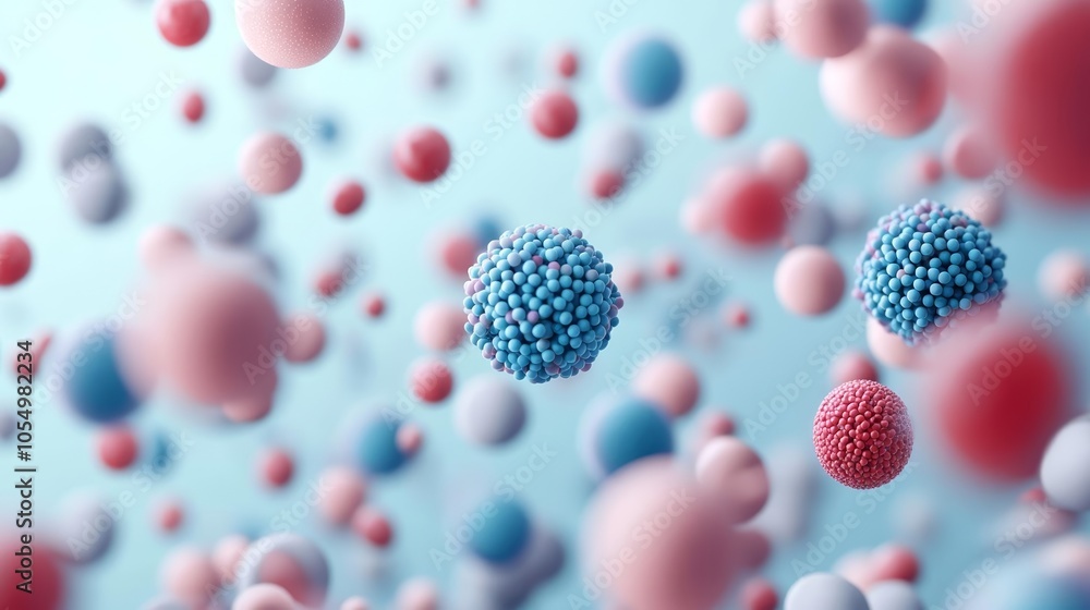 Abstract view of stem cells under a microscope, spherical organic forms in pastel and vibrant shades of blue, pink, and red Abstract view of stem cells under a microscope, spherical organic forms in pastel and vibrant shades of blue, pink, and red