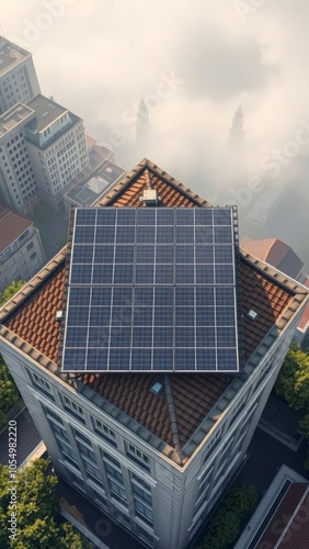 Top view of solar panel on roof top building solar panel Ultra realistic Photorealistic  photo