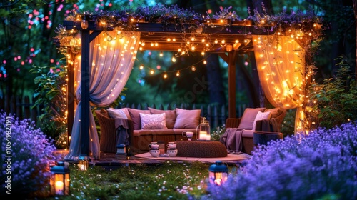 Serene lavender field at sunset featuring a cozy gazebo with mate teapot and cups