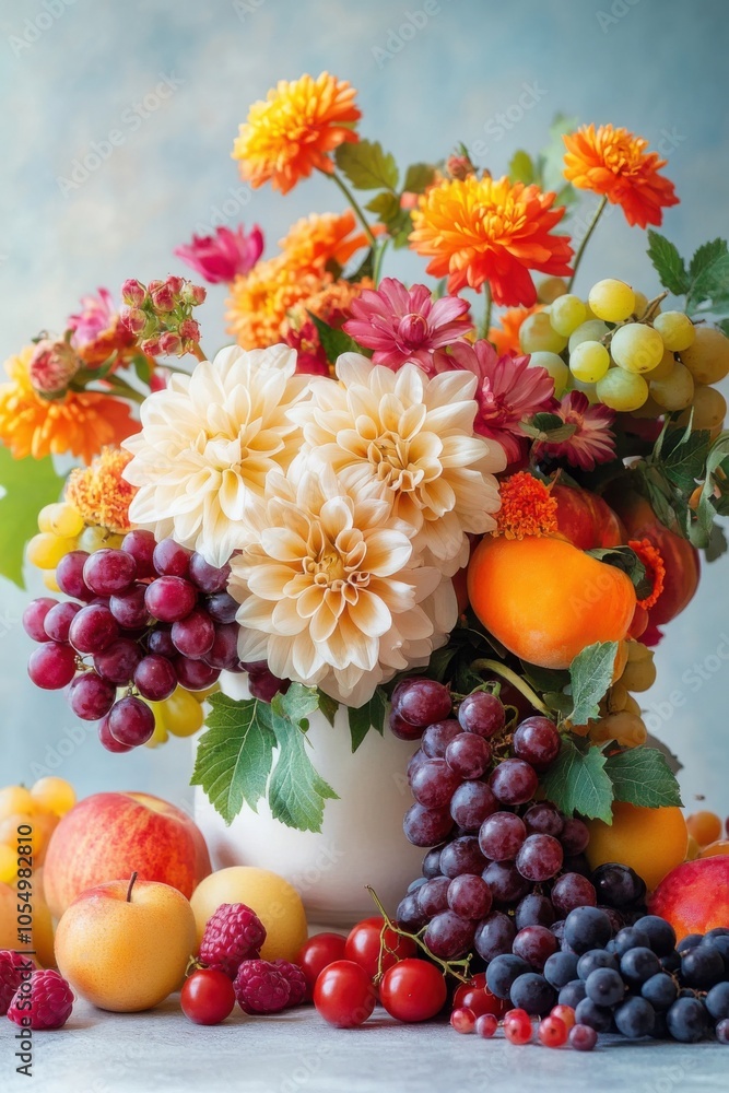 Elegant Arrangement of Fresh Flowers and Fruits Elegant Arrangement of Fresh Flowers and Fruits