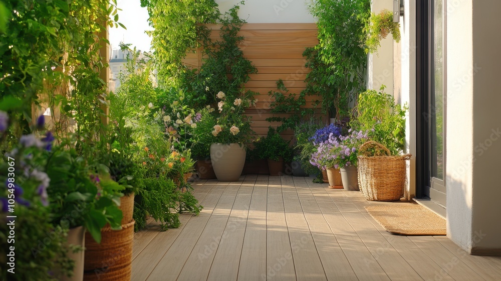 A tranquil terrace with light wood flooring, green plants, and flowers on the side wall, A tranquil terrace with light wood flooring, green plants, and flowers on the side wall,