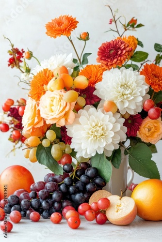 Elegant Arrangement of Fresh Flowers and Fruits