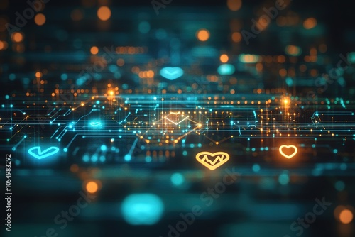 Abstract digital background with glowing heart icons on a circuit board.