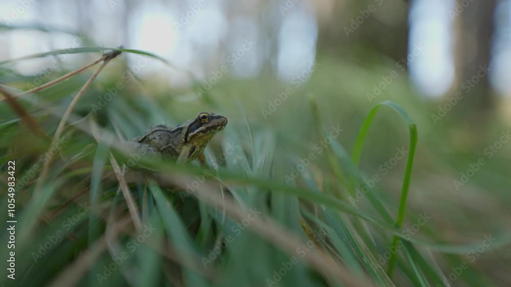 A small frog sits on the forest floor surrounded by tall green grass in a natural setting A small frog sits on the forest floor surrounded by tall green grass in a natural setting