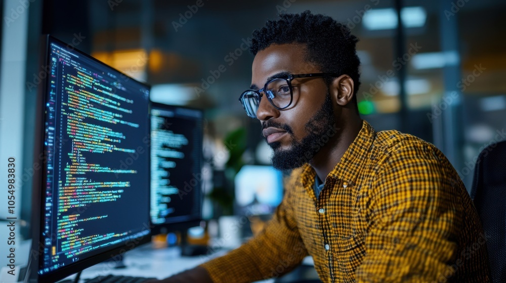 Fototapeta premium African American network developer building machine learning software for an autonomous
