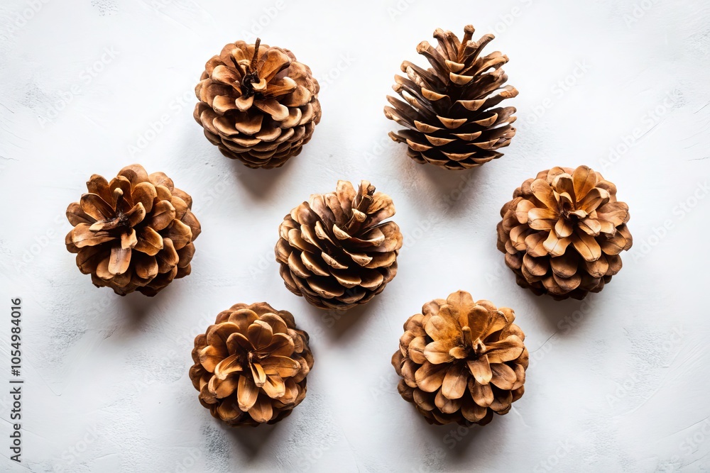 Aerial capture of six natural brown pine cones on a white backdrop, highlighting rustic decor elements, organic textures, and minimalist eco-friendly aesthetics for nature-inspired design. Aerial capture of six natural brown pine cones on a white backdrop, highlighting rustic decor elements, organic textures, and minimalist eco-friendly aesthetics for nature-inspired design.