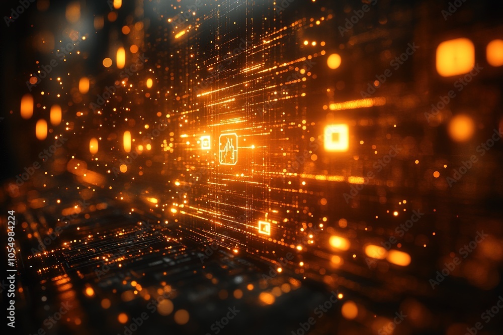 Obraz premium Abstract digital background with glowing icons and data streams.