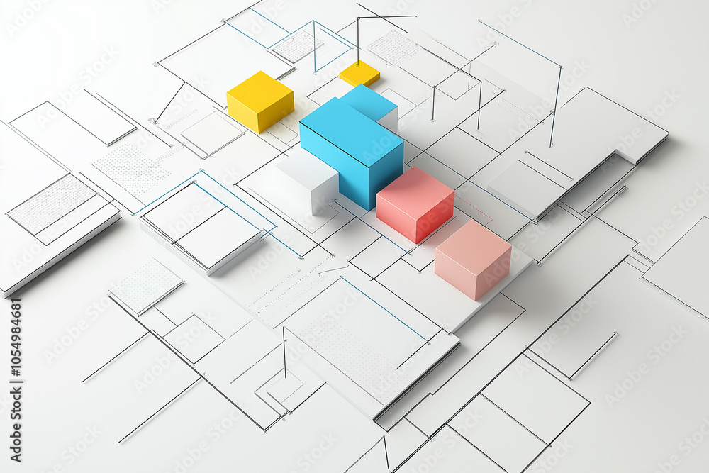 Colorful blocks and abstract lines on white geometric background Colorful blocks and abstract lines on white geometric background