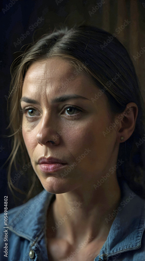 Fototapeta premium Portrait of a Thoughtful Woman with Subtle Soft Lighting Emphasizing Her Deep Expression and Quiet Introspection in a Reflective Moment