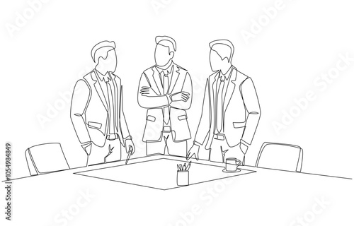 Continuous one line drawing of CEOs discussing mega-project plan, business project discussion concept, single line art.