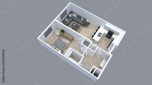 3d floor plan rendering for One bedroom ,kitchen, living , and Bathroom.