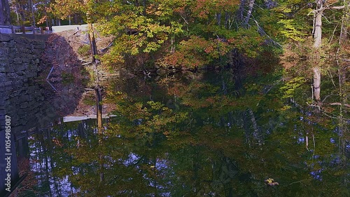 Autumn leaves near bridge along the Presumpscott River Near Portland, Maine with trees photo