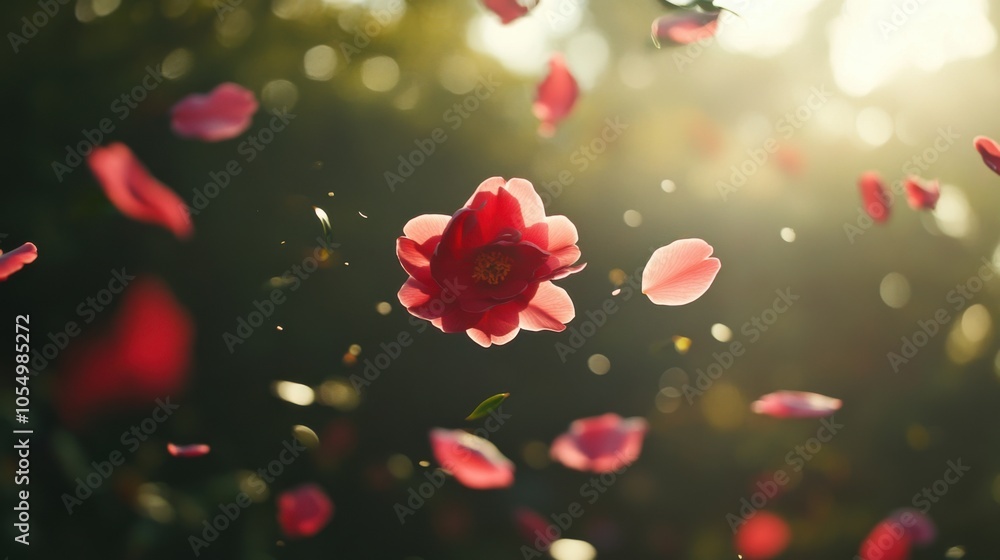 Camellia petals drifting gracefully through the air in a peaceful spring setting Camellia petals drifting gracefully through the air in a peaceful spring setting