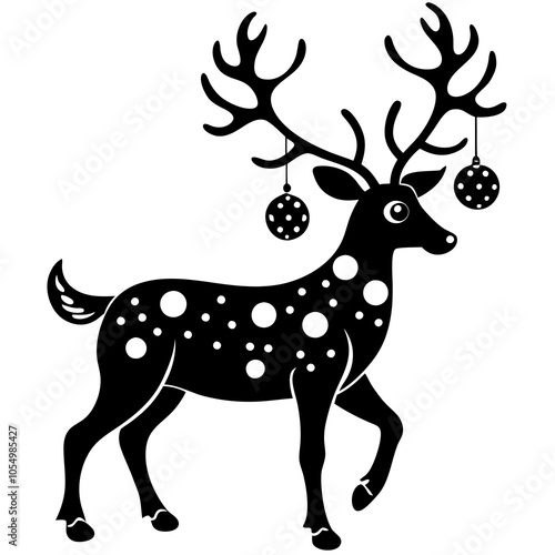 Reindeer Silhouette with Bauble-Decorated Antlers on White Background