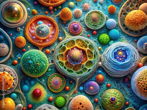 Aerial View of Cellular Structures Showcasing Intricate Biological Activity and Microscopic Detail in Vibrant Colors for Scientific Exploration and Research