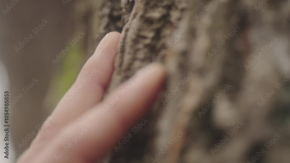 Male hand touches tree bark Male hand touches tree bark