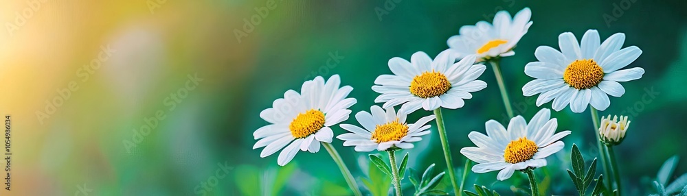 Beautiful daisies with vibrant white petals and yellow centers, set against a soft, blurred green background, creating a peaceful floral ambiance. Beautiful daisies with vibrant white petals and yellow centers, set against a soft, blurred green background, creating a peaceful floral ambiance.