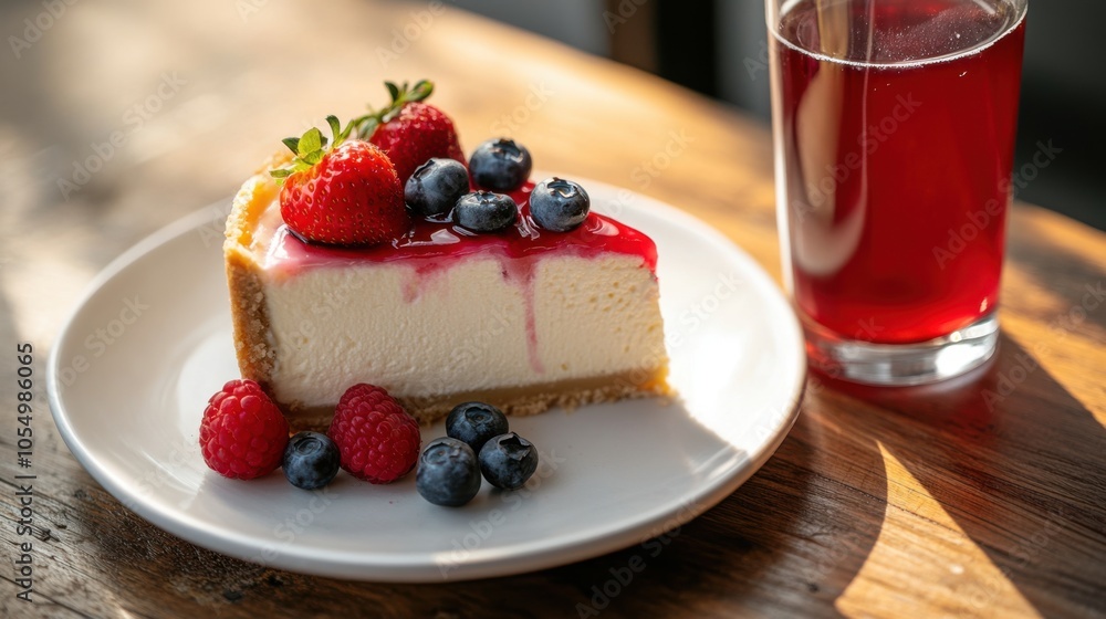 Close-up of a cheesecake slice adorned with strawberries, blueberries, Close-up of a cheesecake slice adorned with strawberries, blueberries,