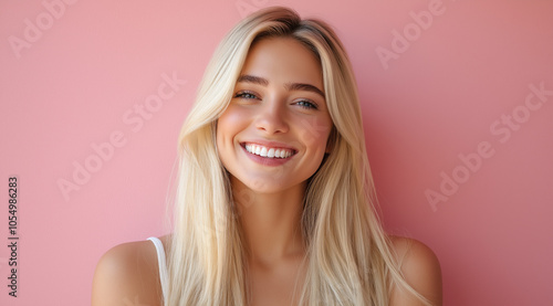 Radiant blonde woman with glossy, honey-blonde hair and a warm smile, standing against a light pink background to showcase her straight, flowing hairstyle