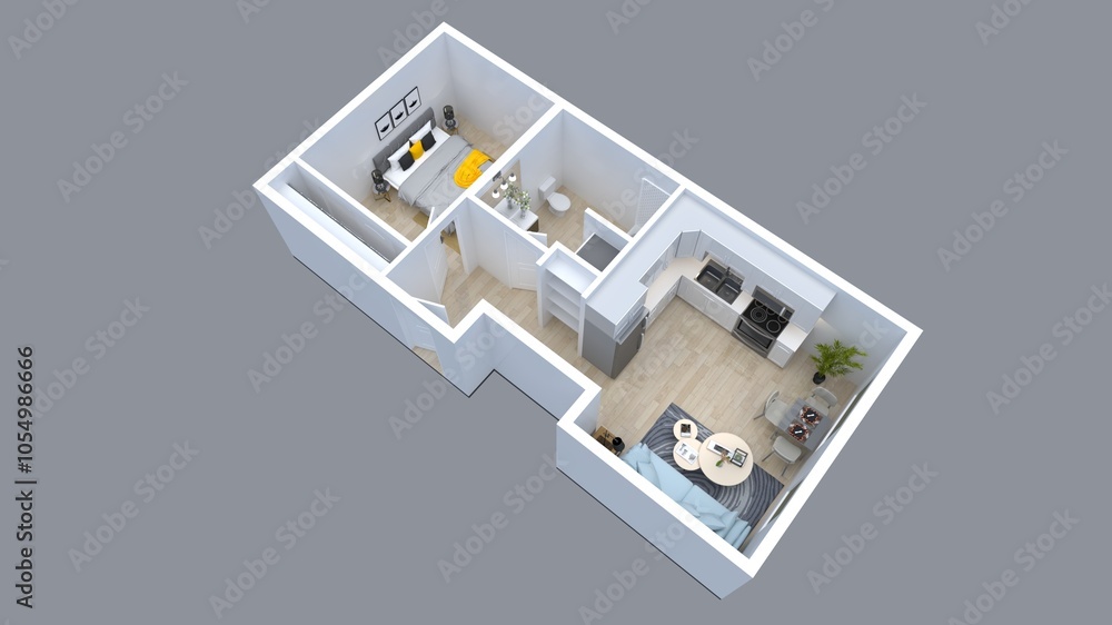 3d floor plan rendering for One bedroom ,kitchen, living , and Bathroom. 3d floor plan rendering for One bedroom ,kitchen, living , and Bathroom.
