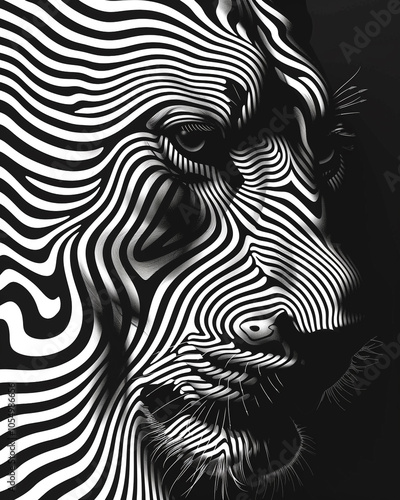 Lion portrait on abstract strips background. illustration