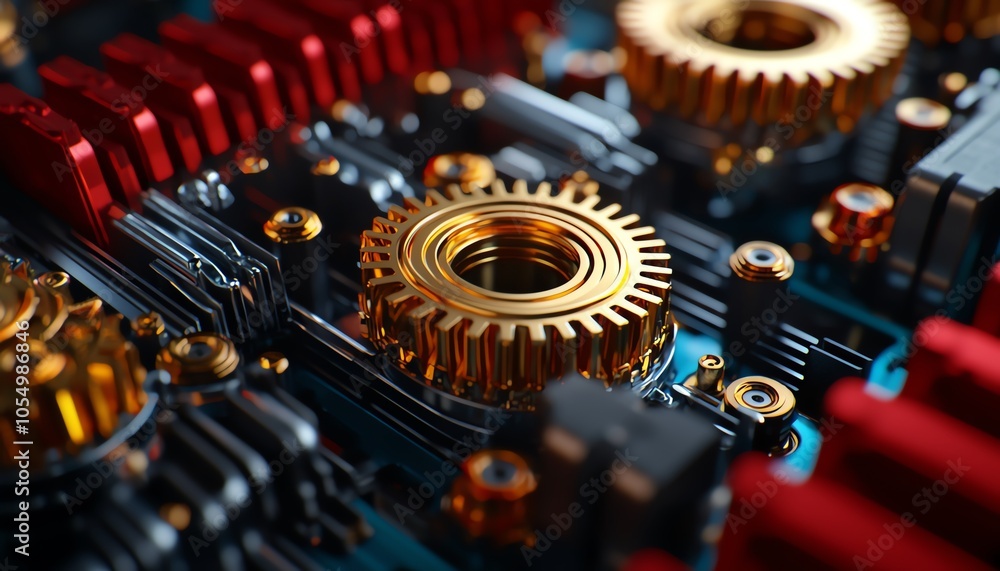 Close-up of intricate mechanical gears and circuit board components, showcasing a blend of metallic textures and colors, ideal for technology and engineering themes. Close-up of intricate mechanical gears and circuit board components, showcasing a blend of metallic textures and colors, ideal for technology and engineering themes.