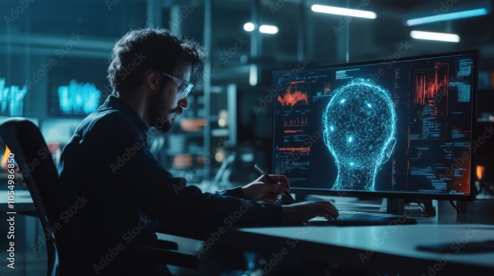 Dedicated developer writing code for autonomous AI, in a high-tech lab filled with Dedicated developer writing code for autonomous AI, in a high-tech lab filled with