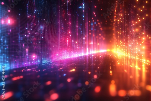 Abstract digital background with glowing neon lights, a futuristic city.