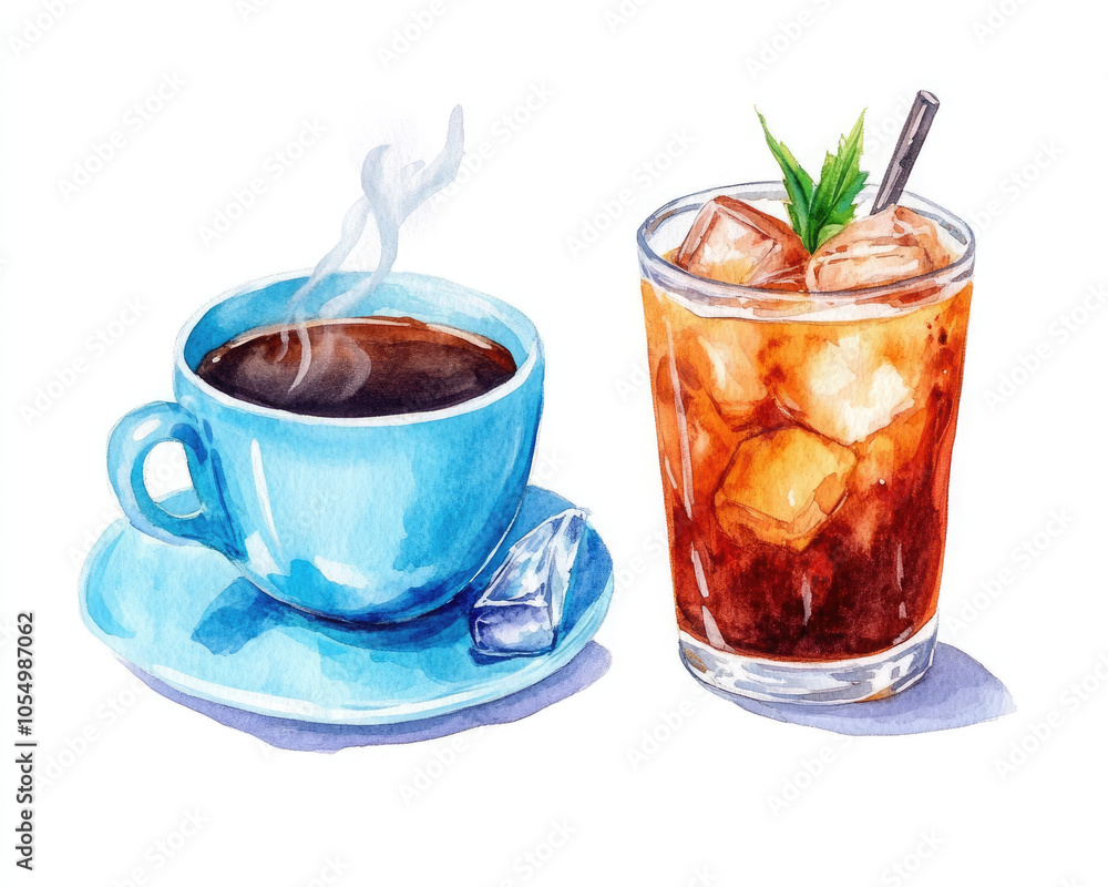 A steaming cup of coffee alongside a refreshing iced coffee, perfect for savoring different flavors of caffeine in any season. A steaming cup of coffee alongside a refreshing iced coffee, perfect for savoring different flavors of caffeine in any season.