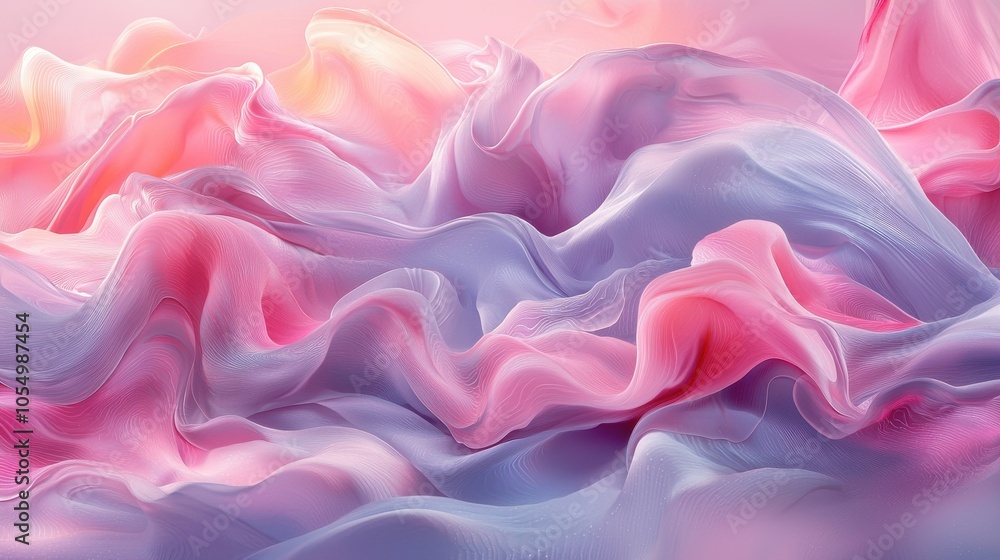 Fototapeta premium Soft pastel fabric waves flowing gracefully in a gentle light backdrop, creating a serene and dreamy atmosphere