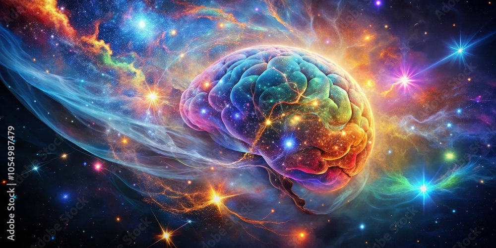 A luminous nebula resembling a human brain floats in space, embodying imagination and creativity, surrounded by vibrant gases and stars, artfully arranged in a rule of thirds composition. A luminous nebula resembling a human brain floats in space, embodying imagination and creativity, surrounded by vibrant gases and stars, artfully arranged in a rule of thirds composition.