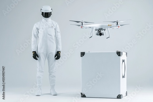 White delivery uniform featuring scouter and quadrocopter mockup in a photography shot photo