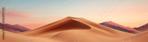 Dramatic nature scene of sweeping dunes and deep valleys, sunset casting long shadows, peaceful sky, vibrant colors, soft highlights, balanced composition